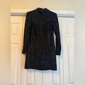 Blue Rain Black Sequin Mini Dress Open Back Long Sleeve Size L